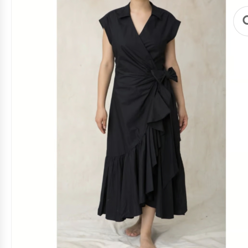 ANTHROPOLOGIE Black Cotton Wrap Dress w/ Ruffled Trim And Hem Cap Sleeves Small